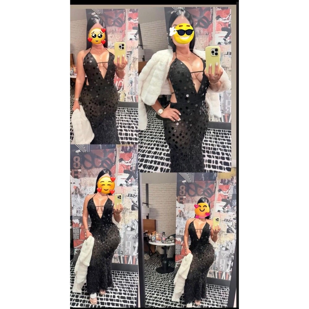 Black Crochet Paillette Sequin Halter Maxi Dress Feather Fringe Hem Plunge Sz L